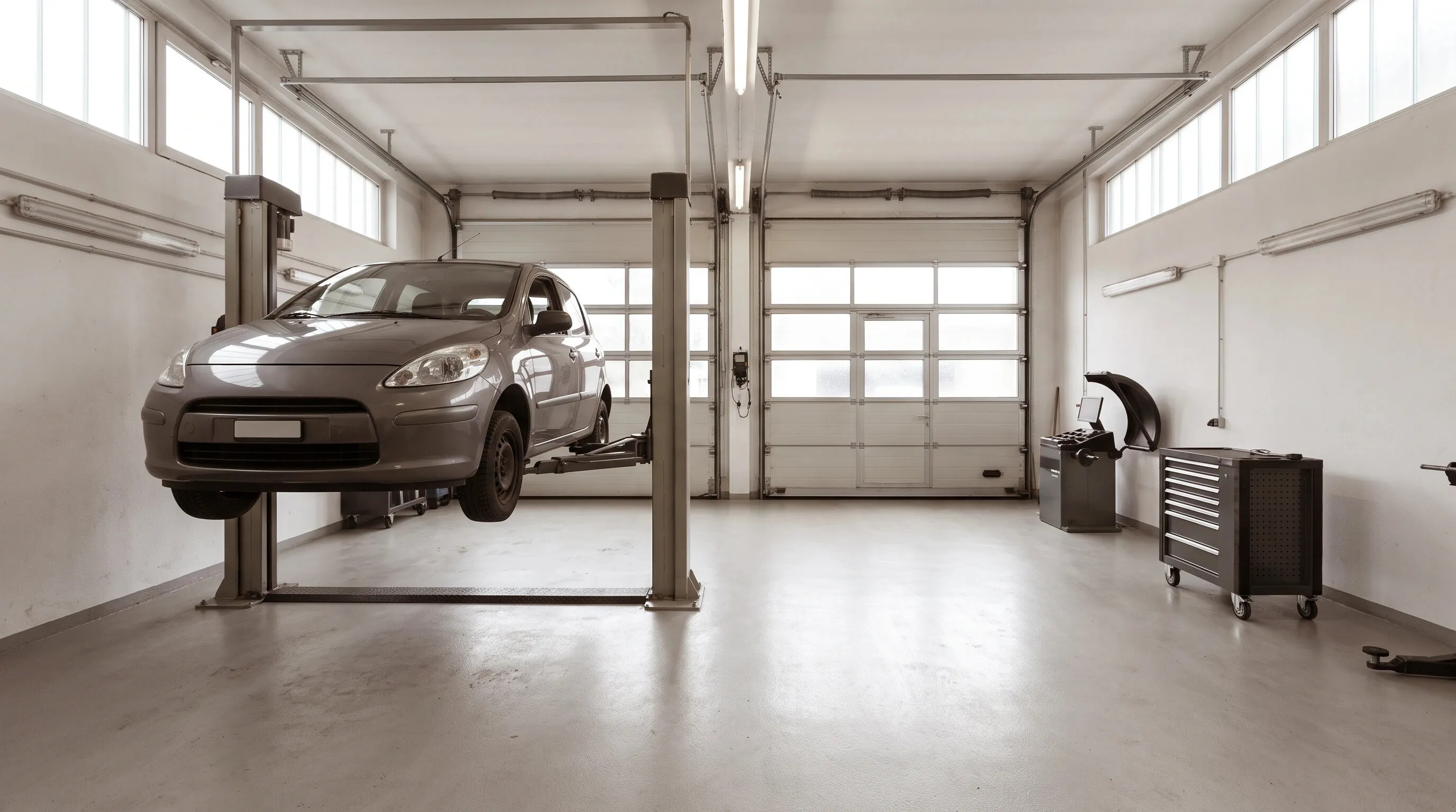 Helle Werkstatt mit grauem Betonboden: ein grauer Kleinwagen steht auf einer Zweisäulen-Hebebühne, rechts ein Werkzeugwagen und eine Reifenmaschine.